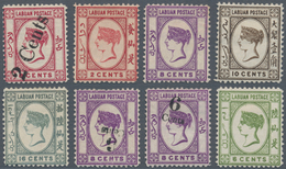 05166 Labuan: 1885/1894, Eight Mint Stamps Showing Varieties, With 1885 2c. On 8c. Variety "No Dot At Lowe - Autres & Non Classés