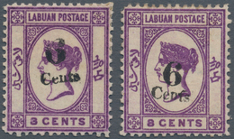 05172 Labuan: 1891, QV 8c. Deep Violet Handstamped '6 Cents' In Type 10 Two Stamps With The Lines Of The S - Sonstige & Ohne Zuordnung