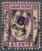 05174 Labuan: 1891, QV 8c. Deep Violet Handstamped '6 Cents' In Type 10 With Variety 'NO DOT AT LOWER LEFT - Sonstige & Ohne Zuordnung