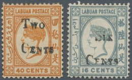 05180 Labuan: 1892, Two Locally Surcharged QV Stamps Incl. 40c. Surch. 'TWO CENTS' (type 11) And 16c. Grey - Sonstige & Ohne Zuordnung