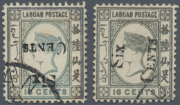 05186 Labuan: 1892, QV 16c. Grey With Local Surcharge 'SIX CENTS' (type 12) Two Stamps With Varieties 'INV - Altri & Non Classificati