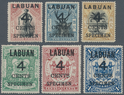 05209 Labuan: 1899, Pictorial And Coat Of Arms Definitives Surcharged '4 CENTS' Complete Set Of 12 Incl. T - Sonstige & Ohne Zuordnung