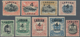 05210 Labuan: 1899, Pictorial And Coat Of Arms Definitives Surcharged '4 CENTS' Complete Set Of Nine Mint - Autres & Non Classés