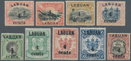 05222 Labuan: 1904, Pictorial And Coat Of Arms Definitives Surcharged '4 Cents' Complete Set Of Nine Mint - Other & Unclassified