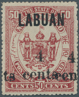 05224 Labuan: 1904 "4/cents" On 50c. Maroon, Variety "Surcharge Double", Mint Lightly Hinged With Large Pa - Sonstige & Ohne Zuordnung