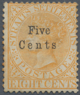 05271 Malaiische Staaten - Straits Settlements: 1879 5c. On 8c. Orange, Variety NO STOP AFTER "Cents", Unu - Straits Settlements