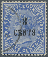 05290 Malaiische Staaten - Straits Settlements: 1885, QV 5c. Blue With Wmk. Crown CA Surcharged '3 CENTS' - Straits Settlements