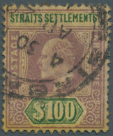 05320 Malaiische Staaten - Straits Settlements: 1902-03 KEVII. $100 Purple & Green/yellow, Wmk Crown CA, U - Straits Settlements