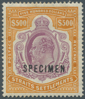 05341 Malaiische Staaten - Straits Settlements: 1906-12 KEVII. $500 Purple & Orange, Overprinted "SPECIMEN - Straits Settlements