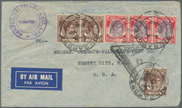 05494 Malaiische Staaten - Straits Settlements: 1940, 3 X 5 C Brown And 3 X 25 C Purple/scarlet KGVI, Mixe - Straits Settlements