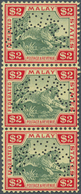 05576 Malaiischer Staatenbund: 1922-34 Tiger $2 Green & Red/yellow, Vertical Strip Of Three Each Perforate - Federated Malay States