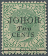05636 Malaiische Staaten - Johor: 1891, Straits Settlements QV 24c. Green With Opt. 'JOHOR / Two / CENTS' - Johore
