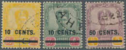 05646 Malaiische Staaten - Johor: 1904, Sultan Ibrahim Provisionals Set Of Three 10c. On 4c. Yellow/red, 1 - Johore