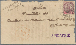 05653 Malaiische Staaten - Johor: 1908, 3c. Dull Purple/carmine, Single Franking On Cover (opening Faults) - Johore