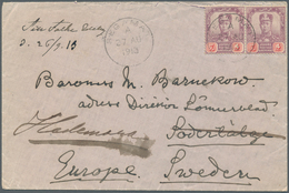 05661 Malaiische Staaten - Johor: 1913 SEGAMAT: Cover From Segamat To SWEDEN Via Johore Bahru And Singapor - Johore