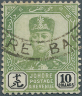 05668 Malaiische Staaten - Johor: 1918-20 Sultan Sir Ibrahim $10 Green & Black, Used And Cancelled By Joho - Johore