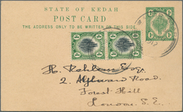 05830 Malaiische Staaten - Kedah: 1912 (30.8.), Stat. Postcard 'Sheaf Of Rice' 1c. Green Uprated With Vert - Kedah