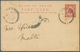 05834 Malaiische Staaten - Kedah: 1917/28, Two Stationery Cards To Malta Island: 3 C. Tied "LUNAS 15 FE 19 - Kedah