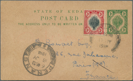 05835 Malaiische Staaten - Kedah: 1918 (17.7.), Stat. Postcard 'Sheaf Of Rice' 1c. Green Uprated With 3c. - Kedah