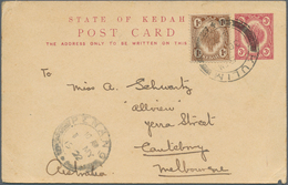 05850 Malaiische Staaten - Kedah: 1922, 3 C Purple Psc Uprated With 1 C Brown From KULIM, 30 AP 22, Via Tr - Kedah