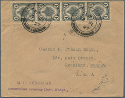 05867 Malaiische Staaten - Kedah: 1927 (22.2.), Sheaf Of Rice 1c. Black Vert. Strip/4 On Front And 2c. Gre - Kedah