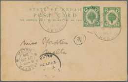 05872 Malaiische Staaten - Kedah: 1928, 2 C Green Postal Stationery Card, Uprated With 2 C Dull Green From - Kedah