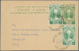 06001 Malaiische Staaten - Kelantan: 1938 (31.1.), Sultan Ismail Stat. Postcard 2c. Green Uprated With Two - Kelantan