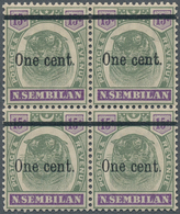 06097 Malaiische Staaten - Negri Sembilan: 1900, Tiger Head 15c. Green/violet Surcharged 'One Cent.' Block - Negri Sembilan