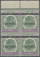 06098 Malaiische Staaten - Negri Sembilan: 1900, Tiger Head 15c. Green/violet Surcharged 'One Cent.' Block - Negri Sembilan