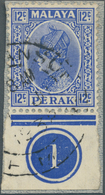 06675 Malaiische Staaten - Perak: 1936, 12c. Bright Ultramarine, Bottom Marginal Copy With Control, On Pie - Perak