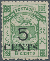 07523 Nordborneo: 1886, Coat Of Arms 8c. Green With Black Surcharge '5 CENTS' Perf. 12, Mint Hinged With O - North Borneo (...-1963)