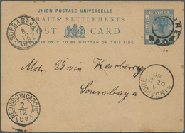 07599 Singapur: 1885. Straits Settlement Postal Stationery Card 3c Blue Cnacelled By Singapore/P.O. Double - Singapore (...-1959)