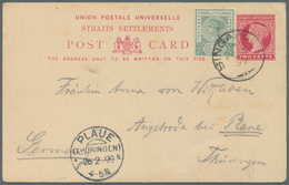 07603 Singapur: 1898, Card QV 2 C. Uprated QV 1 C. Tied "SINGAPORE A FE 3 99" To Germany W. Arrival "PLAUE - Singapore (...-1959)