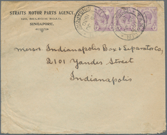 07636 Singapur: 1930, TANGLIN: Straits Settlements KGV 4c. Violet Strip/3 On Advert. Cover (Straits Motor - Singapour (...-1959)