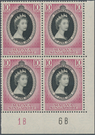 07755 Singapur: 1953, Coronation 10c. Black/reddish Purple, Group Of Four Different Plate Blocks From The - Singapore (...-1959)