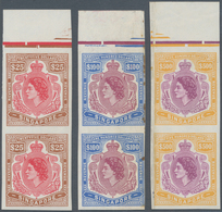 07756 Singapur: 1954 REVENUES: QEII. Set Of The Three Values ($25, $100 And $500) Each In IMPERFORATED Top - Singapore (...-1959)
