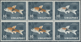 07771 Singapur: 1962, Definitive Issue 10c. 'Harlequinfish' Block Of Six With RED-ORANGE Partially OMITTED - Singapur (...-1959)