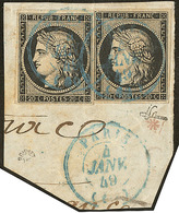 Oblitérations Sur 20cts Noir. 4 Janv 49, Cad 15 En Bleu, Sur N°3 (2) Sur Petit Fragment Avec Cad Bleu Répété. - TB. - R - 1849-1850 Cérès