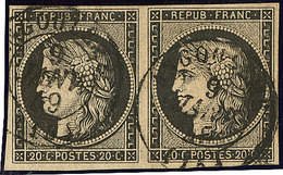 Oblitérations Sur 20cts Noir. 9 Janv 49, Cad 15 Angoulême, Sur N°3 Paire Horizontale (deux Frappes). - TB - 1849-1850 Ceres