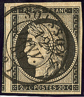 Oblitérations Sur 20cts Noir. 12 Janv 49, Cad 15 Soissons, Sur N°3, Un Voisin. - TB - 1849-1850 Cérès