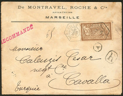 LETTRE Merson. No 120, Obl Cad Recette Auxiliaire Marseille A De Mars 1908, Sur Enveloppe Recommandée Pour Cavalle Avec  - 1900-27 Merson