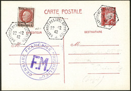 LETTRE Richelieu. No 4 (Yvert 3) Sur CP Entier 1,20f Pétain, Obl Cad Hexagonal Richelieu 22.12.42. - TB. - R - Military Airmail