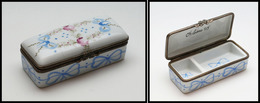 Boîte En Porcelaine De Limoges, "Fleurs Et Nœuds" Peint Main En Décor, Cerclage En Bronze, 2 Comp., 85x35x 25mm. - TB - Boites A Timbres