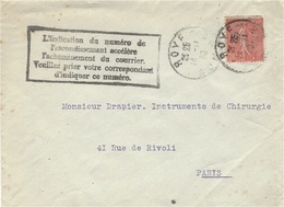 1930- Env. De Roye ( Somme  Pour Paris - Encadré, " L'indication Du Numero De / L'arrondissement Accélère / ....... - 1921-1960: Modern Period