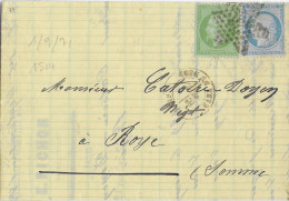 1 SEPT 1871 - 1° JOUR Du TARIF 25c - LETTRE De PARIS GARE DU NORD => ROYE (SOMME) - Tarifs Postaux