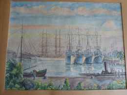 AQUARELLE 1891 FLOTTE FRANçAISE à PORTHMOUTH CUIRASSé AVISO TORPILLEUR  En 42 Sur 32 Cm Sur Papier, Signé K .Barne Rous - Kunst