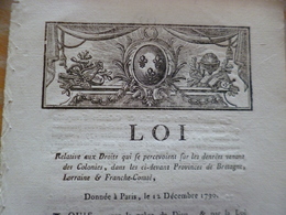 Loi Denrées Des Colonies Françaises Pour Bretagne Lorraine Et Franche Comté 12/12/1790 Duport - Wetten & Decreten