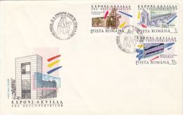 6409FM- STATUETTE, BRIDGE, ROCKET, SEVILLA'92 UNIVERSAL EXPOSITION, COVER FDC, 1992, ROMANIA - 1992 – Séville (Espagne)