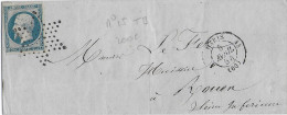 1854 - YT N° 15 TB RARE SUR LETTRE De PARIS ETOILE PLEINE => ROUEN - 1853-1860 Napoleon III