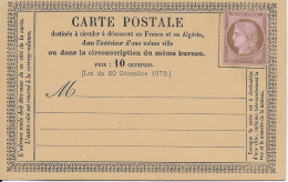 1875 - CERES - YVERT N°54 NEUF SUR CARTE PRECURSEUR ENTIER - - 1871-1875 Cérès